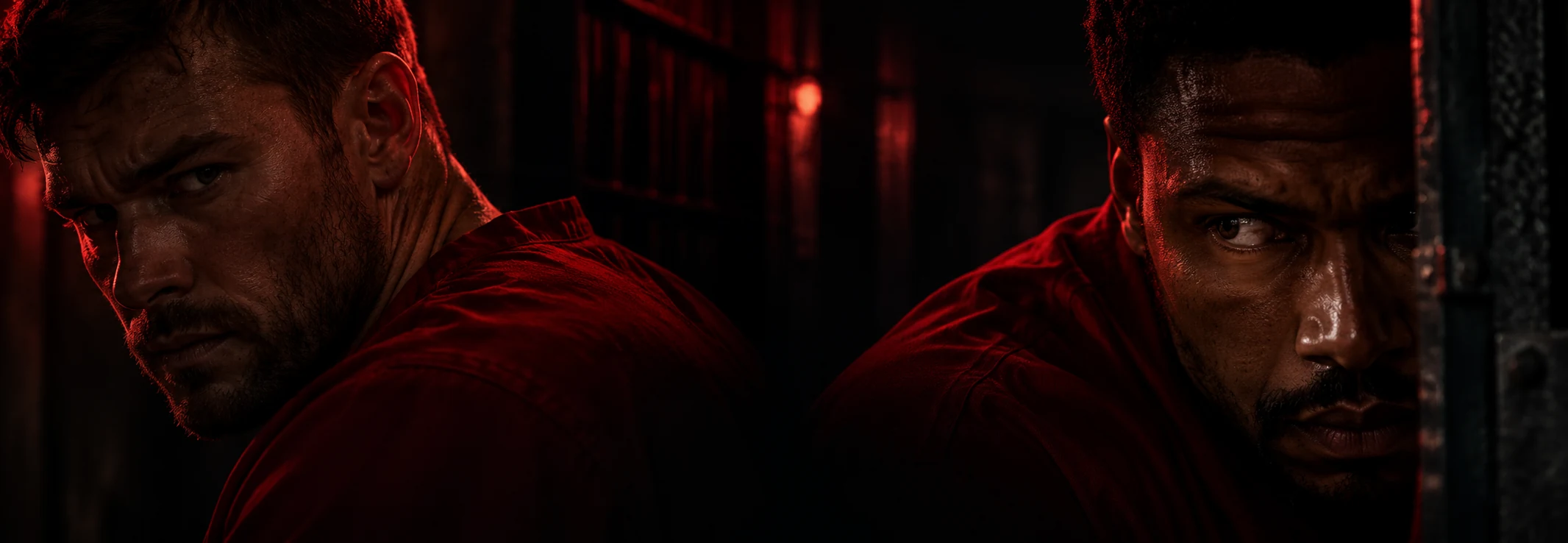 Alex e James observam com desconfiança em um corredor escuro de Blackwood, sob iluminação vermelha