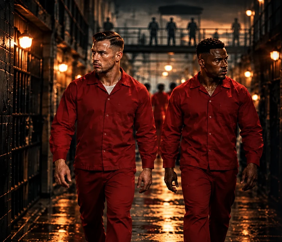 Alex e James caminham sob vigilância em um corredor sombrio da prisão Blackwood